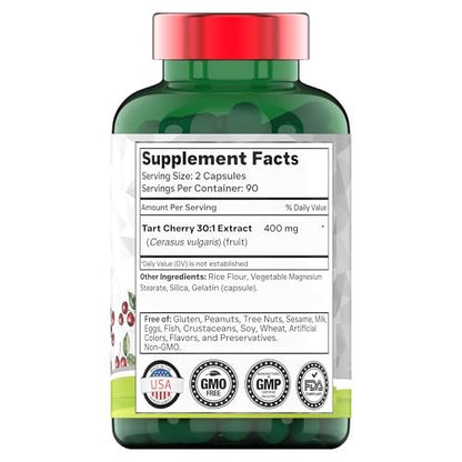Tart Cherry Kapseln 400 mg mit 30:1 Extrakt pro Portion - 180 Kapseln | Hochwirksamer Sauerkirsch-Extrakt für Gelenke, Schlaf & Erholung* | Reich an Antioxidantien | Ohne Gentechnik | Hergestellt in den USA!