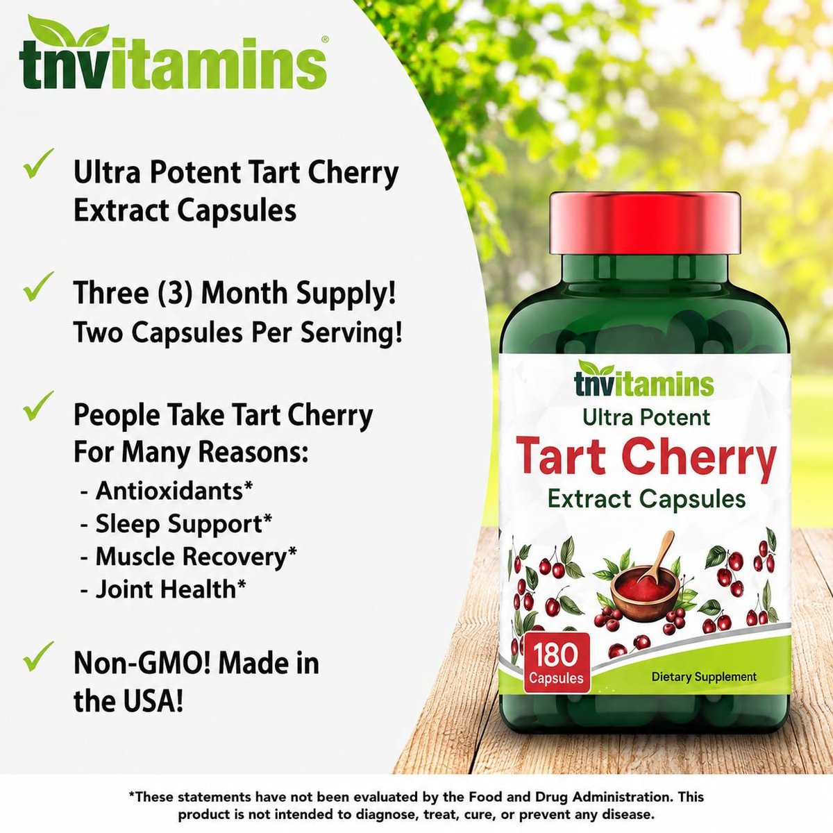 Tart Cherry Kapseln 400 mg mit 30:1 Extrakt pro Portion - 180 Kapseln | Hochwirksamer Sauerkirsch-Extrakt für Gelenke, Schlaf & Erholung* | Reich an Antioxidantien | Ohne Gentechnik | Hergestellt in den USA!