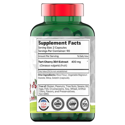 Tart Cherry Kapseln 400 mg mit 30:1 Extrakt pro Portion - 180 Kapseln | Hochwirksamer Sauerkirsch-Extrakt für Gelenke, Schlaf & Erholung* | Reich an Antioxidantien | Ohne Gentechnik | Hergestellt in den USA!