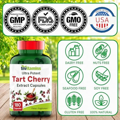 Tart Cherry Kapseln 400 mg mit 30:1 Extrakt pro Portion - 180 Kapseln | Hochwirksamer Sauerkirsch-Extrakt für Gelenke, Schlaf & Erholung* | Reich an Antioxidantien | Ohne Gentechnik | Hergestellt in den USA!