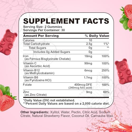 Eisenpräparat Gummis für Frauen & Männer, Multivitamin Blutbildner mit Folsäure, Vitamin C, B12, B6, Zink für Erwachsene & Kinder - Energieunterstützung - Erdbeergeschmack, Vegan 60 Gummis