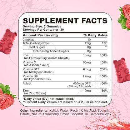 Eisenpräparat Gummis für Frauen & Männer, Multivitamin Blutbildner mit Folsäure, Vitamin C, B12, B6, Zink für Erwachsene & Kinder - Energieunterstützung - Erdbeergeschmack, Vegan 60 Gummis