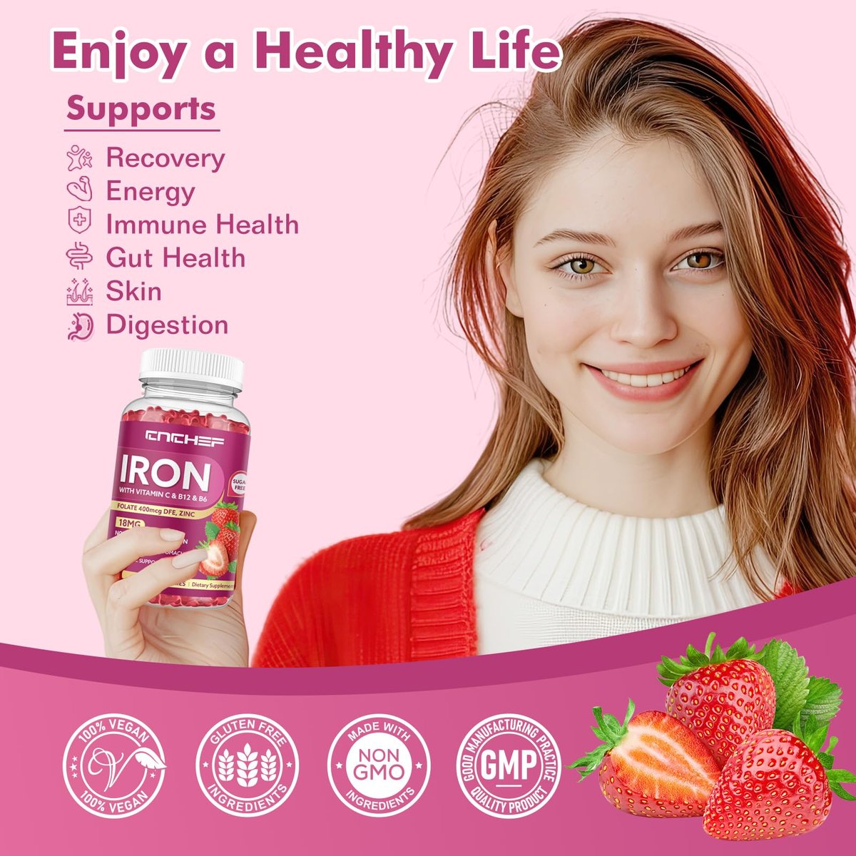 Eisenpräparat Gummis für Frauen & Männer, Multivitamin Blutbildner mit Folsäure, Vitamin C, B12, B6, Zink für Erwachsene & Kinder - Energieunterstützung - Erdbeergeschmack, Vegan 60 Gummis