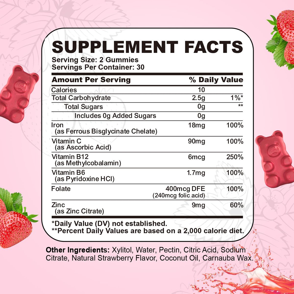 Eisenpräparat Gummis für Frauen & Männer, Multivitamin Blutbildner mit Folsäure, Vitamin C, B12, B6, Zink für Erwachsene & Kinder - Energieunterstützung - Erdbeergeschmack, Vegan 60 Gummis