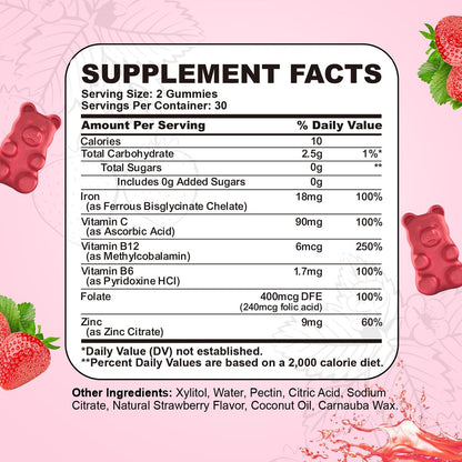 Eisenpräparat Gummis für Frauen & Männer, Multivitamin Blutbildner mit Folsäure, Vitamin C, B12, B6, Zink für Erwachsene & Kinder - Energieunterstützung - Erdbeergeschmack, Vegan 60 Gummis