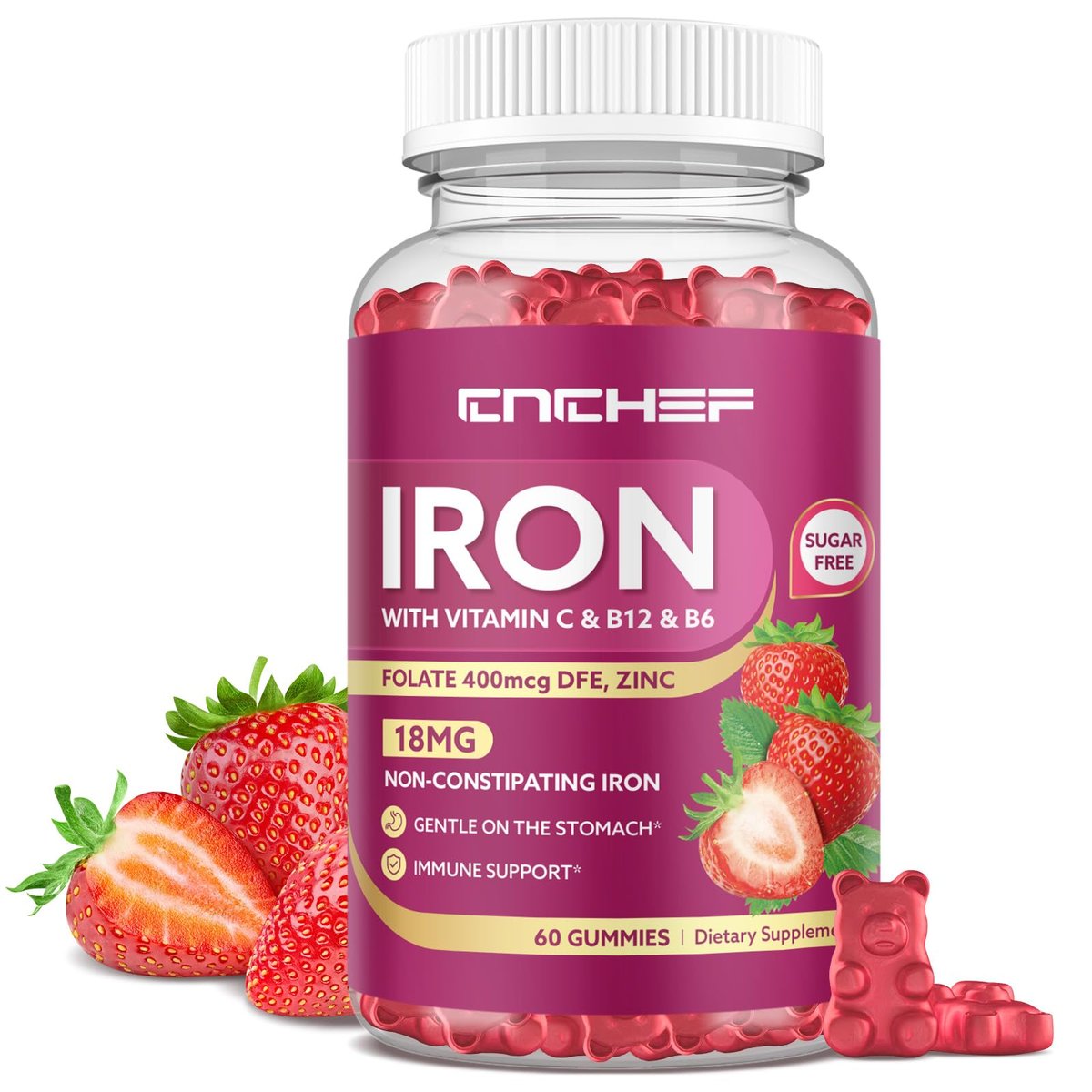 Eisenpräparat Gummis für Frauen & Männer, Multivitamin Blutbildner mit Folsäure, Vitamin C, B12, B6, Zink für Erwachsene & Kinder - Energieunterstützung - Erdbeergeschmack, Vegan 60 Gummis