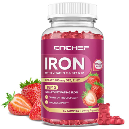 Eisenpräparat Gummis für Frauen & Männer, Multivitamin Blutbildner mit Folsäure, Vitamin C, B12, B6, Zink für Erwachsene & Kinder - Energieunterstützung - Erdbeergeschmack, Vegan 60 Gummis