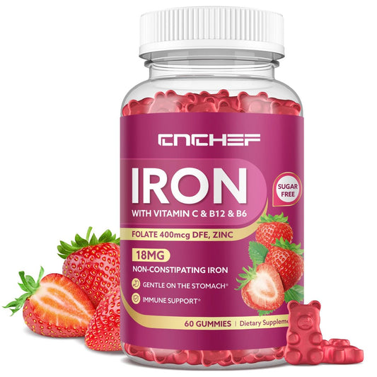 Eisenpräparat Gummis für Frauen & Männer, Multivitamin Blutbildner mit Folsäure, Vitamin C, B12, B6, Zink für Erwachsene & Kinder - Energieunterstützung - Erdbeergeschmack, Vegan 60 Gummis