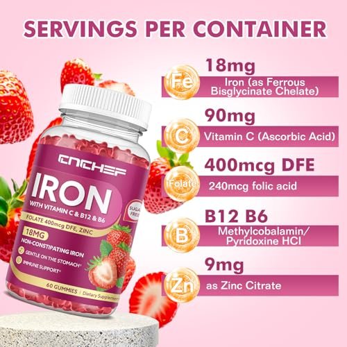 Eisenpräparat Gummis für Frauen & Männer, Multivitamin Blutbildner mit Folsäure, Vitamin C, B12, B6, Zink für Erwachsene & Kinder - Energieunterstützung - Erdbeergeschmack, Vegan 60 Gummis