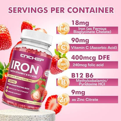 Eisenpräparat Gummis für Frauen & Männer, Multivitamin Blutbildner mit Folsäure, Vitamin C, B12, B6, Zink für Erwachsene & Kinder - Energieunterstützung - Erdbeergeschmack, Vegan 60 Gummis
