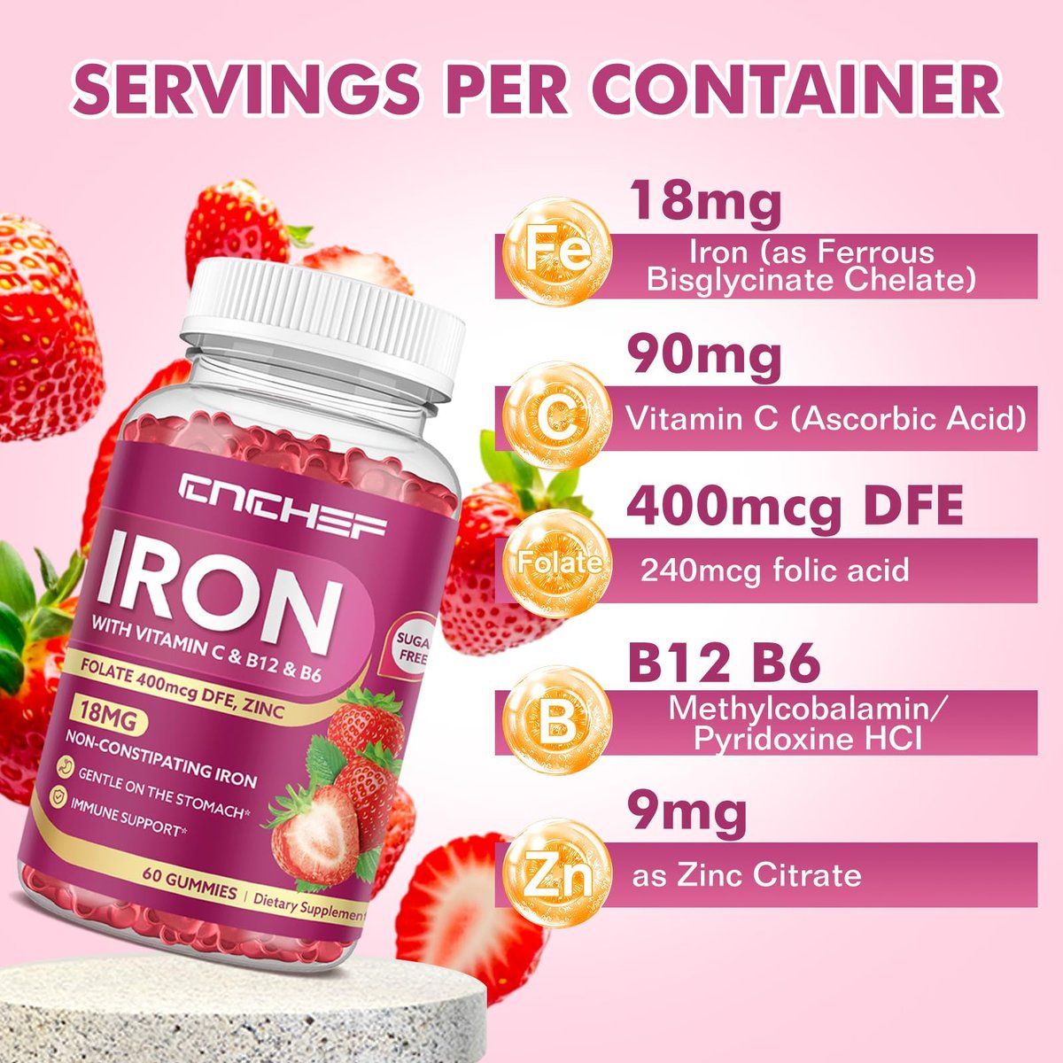 Eisenpräparat Gummis für Frauen & Männer, Multivitamin Blutbildner mit Folsäure, Vitamin C, B12, B6, Zink für Erwachsene & Kinder - Energieunterstützung - Erdbeergeschmack, Vegan 60 Gummis