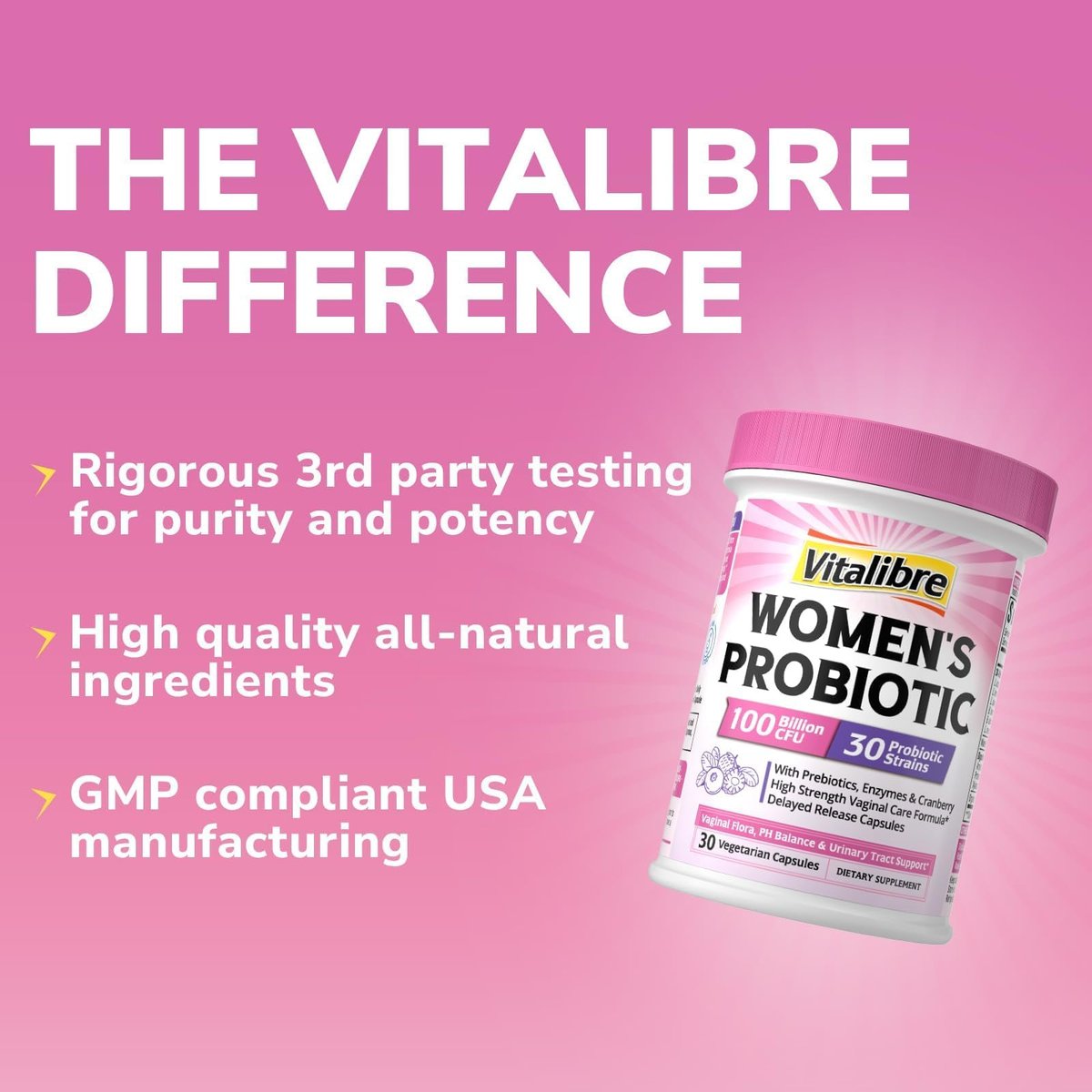 Vitalibre Probiotika für Frauen – 30 Stämme, 100 Milliarden KBE, vaginale Probiotika mit Verdauungsenzymen, Präbiotika & Cranberry für die Gesundheit der Harnwege, pH-Gleichgewicht, 30 vegane Kapseln