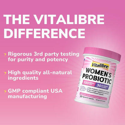 Vitalibre Probiotika für Frauen – 30 Stämme, 100 Milliarden KBE, vaginale Probiotika mit Verdauungsenzymen, Präbiotika & Cranberry für die Gesundheit der Harnwege, pH-Gleichgewicht, 30 vegane Kapseln