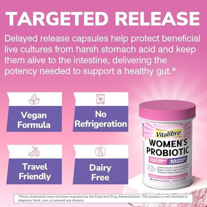 Vitalibre Probiotika für Frauen – 30 Stämme, 100 Milliarden KBE, vaginale Probiotika mit Verdauungsenzymen, Präbiotika & Cranberry für die Gesundheit der Harnwege, pH-Gleichgewicht, 30 vegane Kapseln