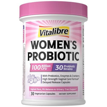 Vitalibre Probiotika für Frauen – 30 Stämme, 100 Milliarden KBE, vaginale Probiotika mit Verdauungsenzymen, Präbiotika & Cranberry für die Gesundheit der Harnwege, pH-Gleichgewicht, 30 vegane Kapseln