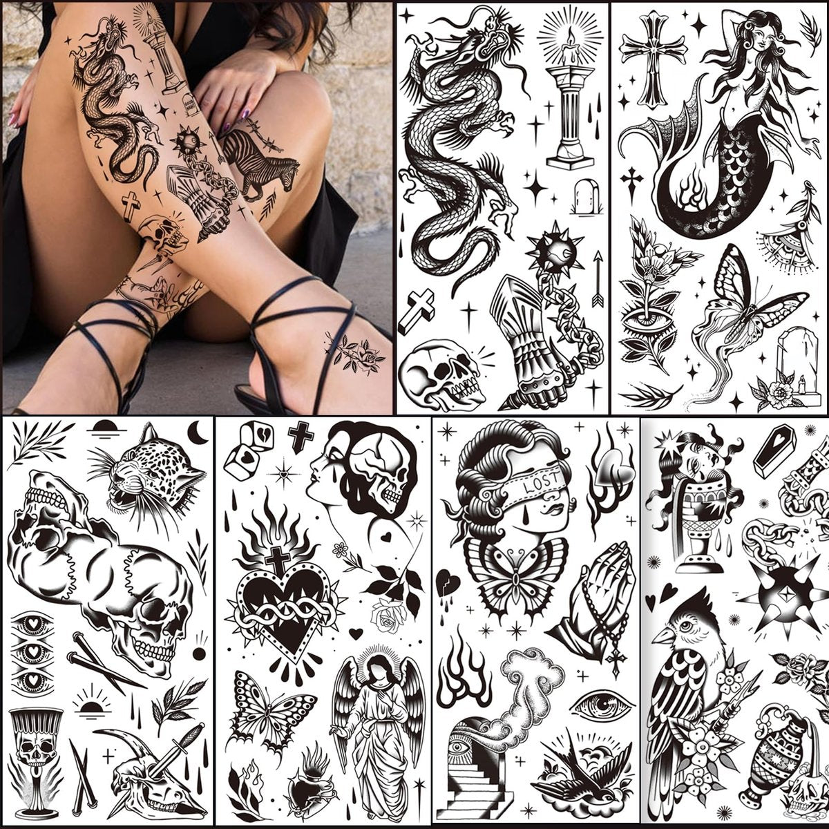 Tazimi 12 Bögen Große Schwarze Old School Temporäre Tattoos für Frauen, Männer und Erwachsene, Traditionelle Amerikanische Retro-Stile, Halbarm/DIY Freie Kombination, Wasserfeste Klassische Fake Tattoos