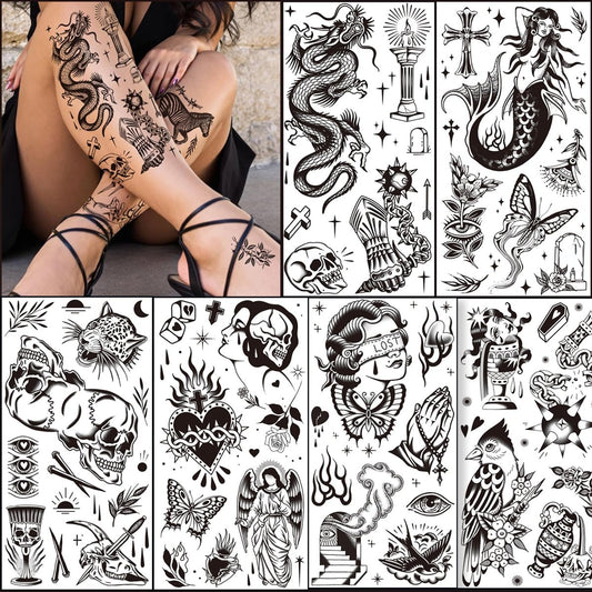 Tazimi 12 Bögen Große Schwarze Old School Temporäre Tattoos für Frauen, Männer und Erwachsene, Traditionelle Amerikanische Retro-Stile, Halbarm/DIY Freie Kombination, Wasserfeste Klassische Fake Tattoos