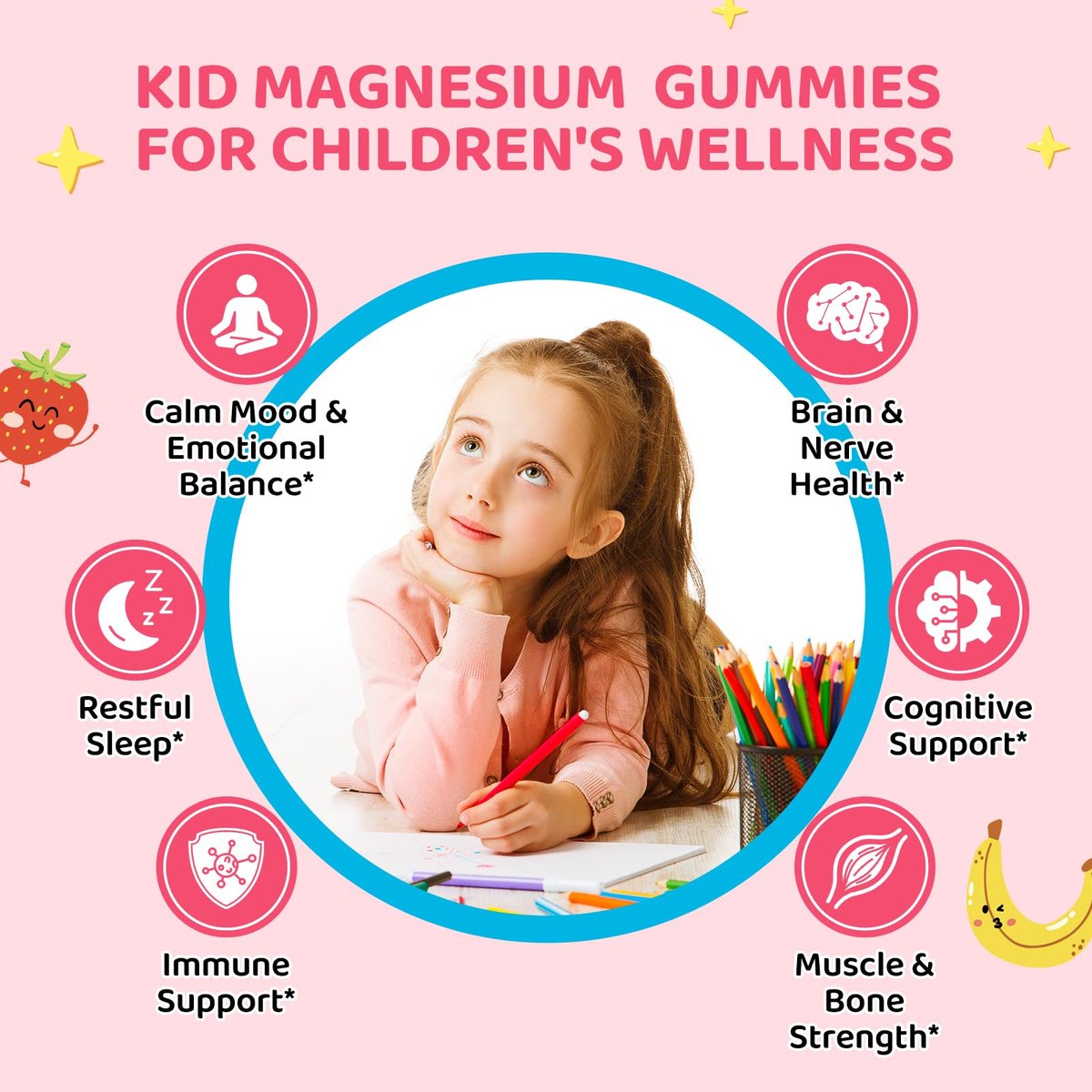 Hovika Magnesium Gummis für Kinder - Magnesiumglycinat mit L-Theanin, Kamille & Multivitaminen für Schlaf, Ruhe & Konzentration - Erdbeer-Banane gefüllte Gummis 60 Stück