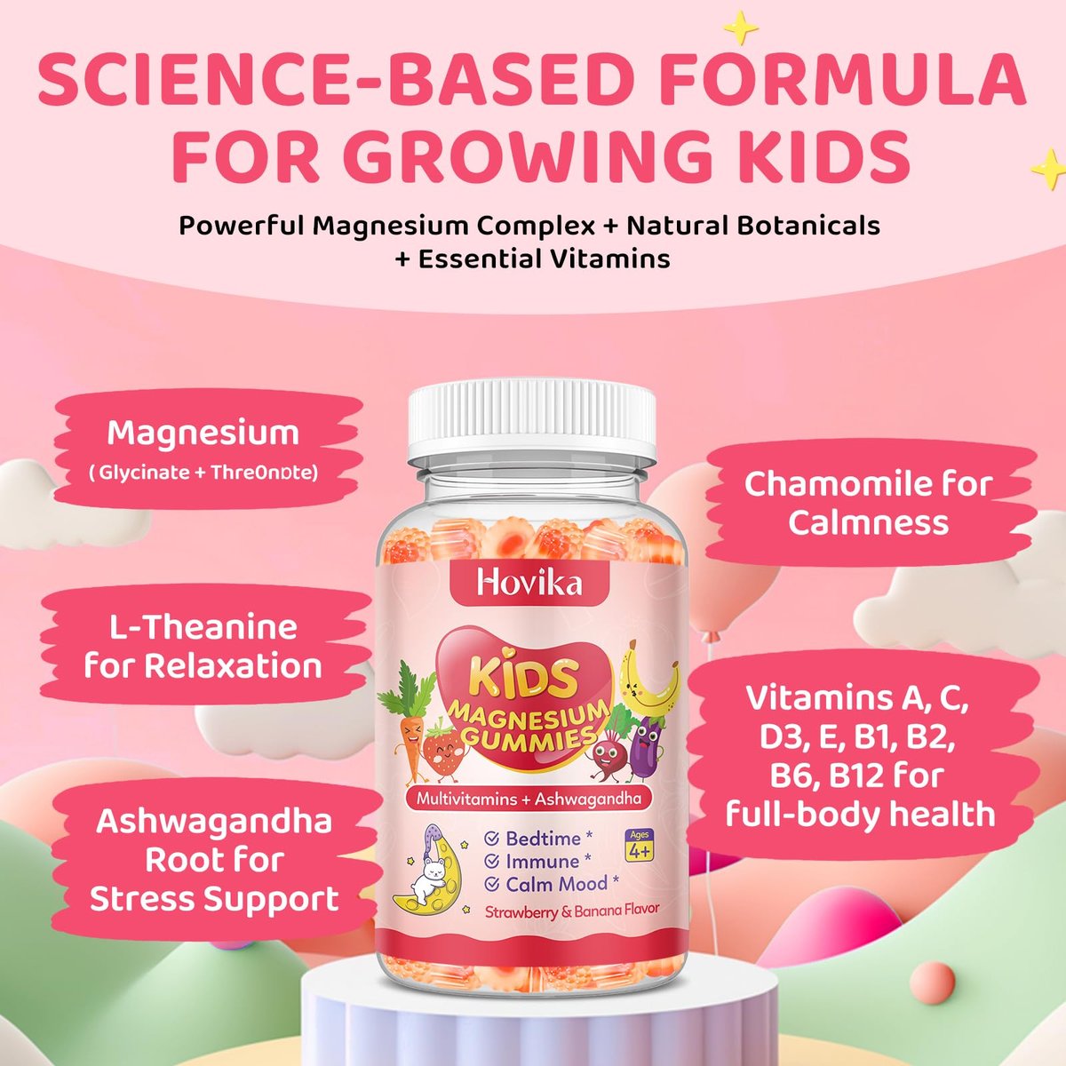 Hovika Magnesium Gummis für Kinder - Magnesiumglycinat mit L-Theanin, Kamille & Multivitaminen für Schlaf, Ruhe & Konzentration - Erdbeer-Banane gefüllte Gummis 60 Stück