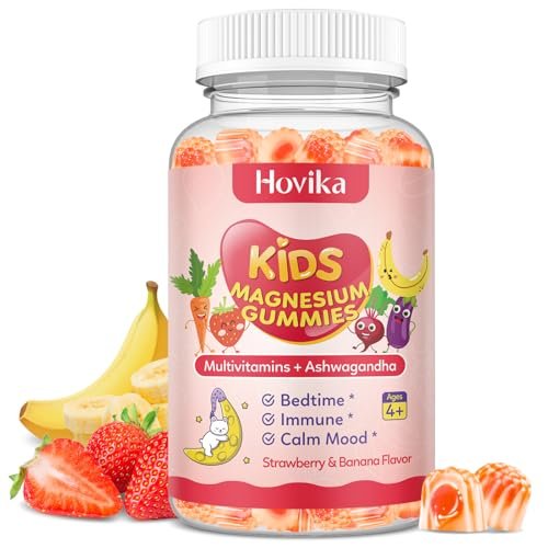 Hovika Magnesium Gummis für Kinder - Magnesiumglycinat mit L-Theanin, Kamille & Multivitaminen für Schlaf, Ruhe & Konzentration - Erdbeer-Banane gefüllte Gummis 60 Stück