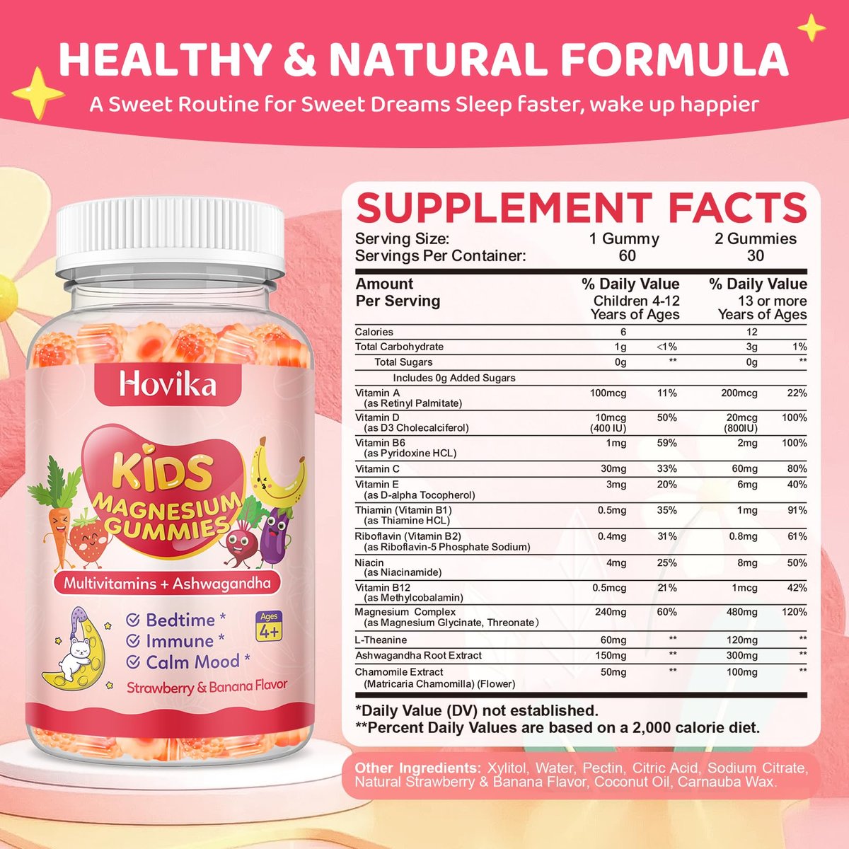 Hovika Magnesium Gummis für Kinder - Magnesiumglycinat mit L-Theanin, Kamille & Multivitaminen für Schlaf, Ruhe & Konzentration - Erdbeer-Banane gefüllte Gummis 60 Stück