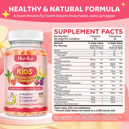 Hovika Magnesium Gummis für Kinder - Magnesiumglycinat mit L-Theanin, Kamille & Multivitaminen für Schlaf, Ruhe & Konzentration - Erdbeer-Banane gefüllte Gummis 60 Stück