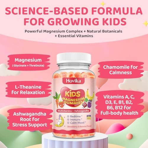 Hovika Magnesium Gummis für Kinder - Magnesiumglycinat mit L-Theanin, Kamille & Multivitaminen für Schlaf, Ruhe & Konzentration - Erdbeer-Banane gefüllte Gummis 60 Stück