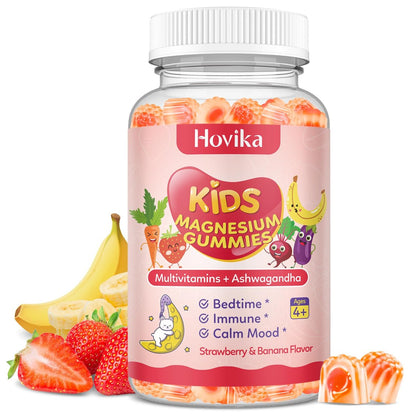Hovika Magnesium Gummis für Kinder - Magnesiumglycinat mit L-Theanin, Kamille & Multivitaminen für Schlaf, Ruhe & Konzentration - Erdbeer-Banane gefüllte Gummis 60 Stück