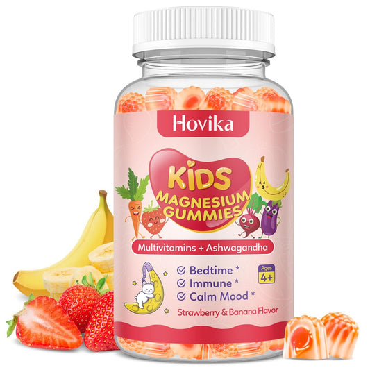 Hovika Magnesium Gummis für Kinder - Magnesiumglycinat mit L-Theanin, Kamille & Multivitaminen für Schlaf, Ruhe & Konzentration - Erdbeer-Banane gefüllte Gummis 60 Stück