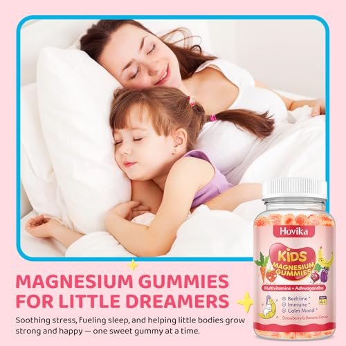 Hovika Magnesium Gummis für Kinder - Magnesiumglycinat mit L-Theanin, Kamille & Multivitaminen für Schlaf, Ruhe & Konzentration - Erdbeer-Banane gefüllte Gummis 60 Stück