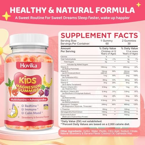 Hovika Magnesium Gummis für Kinder - Magnesiumglycinat mit L-Theanin, Kamille & Multivitaminen für Schlaf, Ruhe & Konzentration - Erdbeer-Banane gefüllte Gummis 60 Stück