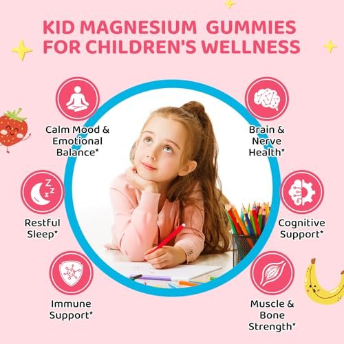 Hovika Magnesium Gummis für Kinder - Magnesiumglycinat mit L-Theanin, Kamille & Multivitaminen für Schlaf, Ruhe & Konzentration - Erdbeer-Banane gefüllte Gummis 60 Stück