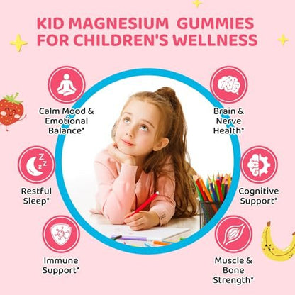 Hovika Magnesium Gummis für Kinder - Magnesiumglycinat mit L-Theanin, Kamille & Multivitaminen für Schlaf, Ruhe & Konzentration - Erdbeer-Banane gefüllte Gummis 60 Stück