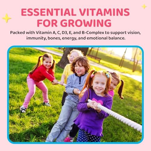 Hovika Magnesium Gummis für Kinder - Magnesiumglycinat mit L-Theanin, Kamille & Multivitaminen für Schlaf, Ruhe & Konzentration - Erdbeer-Banane gefüllte Gummis 60 Stück