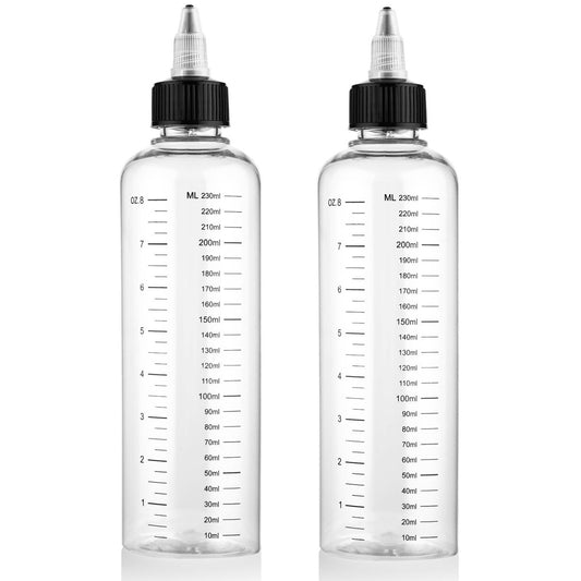 Hpmjz 2er-Pack Applikatorflaschen für Haarfarbe 8,5 oz mit Graduierungsskala, Haaröl-Applikatoren mit Drehverschluss und Spitze, leere Plastik-Öl-Quetschflaschen für Salon, Stylist, Zuhause