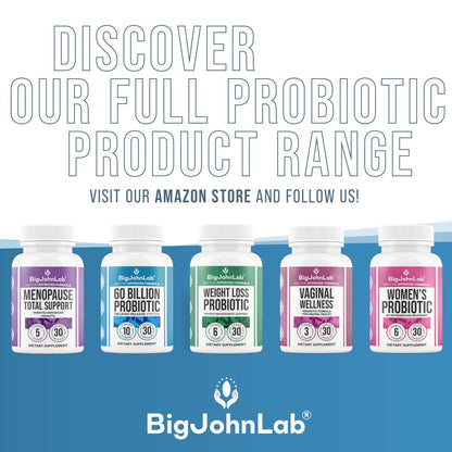 BIGJOHNLAB® Menopause Total Support – Fortgeschrittene probiotische Formel mit 5 Stämmen & 15 Milliarden KBE, Resveratrol, Traubensilberkerze, Akazienfaser, Nicht-GVO & 100% vegetarisch