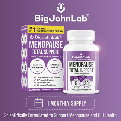 BIGJOHNLAB® Menopause Total Support – Fortgeschrittene probiotische Formel mit 5 Stämmen & 15 Milliarden KBE, Resveratrol, Traubensilberkerze, Akazienfaser, Nicht-GVO & 100% vegetarisch
