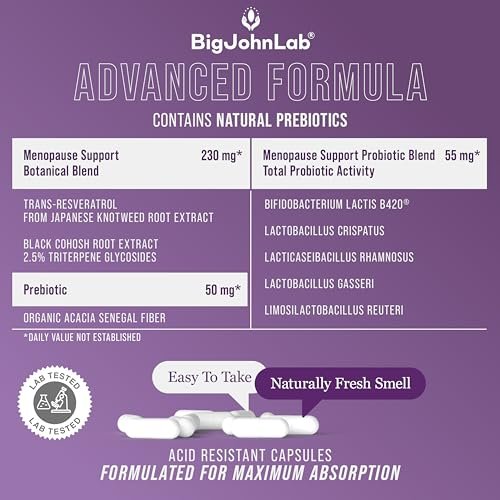 BIGJOHNLAB® Menopause Total Support – Fortgeschrittene probiotische Formel mit 5 Stämmen & 15 Milliarden KBE, Resveratrol, Traubensilberkerze, Akazienfaser, Nicht-GVO & 100% vegetarisch