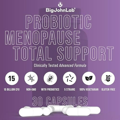 BIGJOHNLAB® Menopause Total Support – Fortgeschrittene probiotische Formel mit 5 Stämmen & 15 Milliarden KBE, Resveratrol, Traubensilberkerze, Akazienfaser, Nicht-GVO & 100% vegetarisch