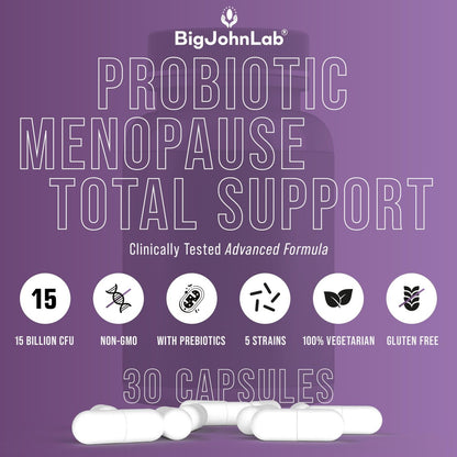 BIGJOHNLAB® Menopause Total Support – Fortgeschrittene probiotische Formel mit 5 Stämmen & 15 Milliarden KBE, Resveratrol, Traubensilberkerze, Akazienfaser, Nicht-GVO & 100% vegetarisch