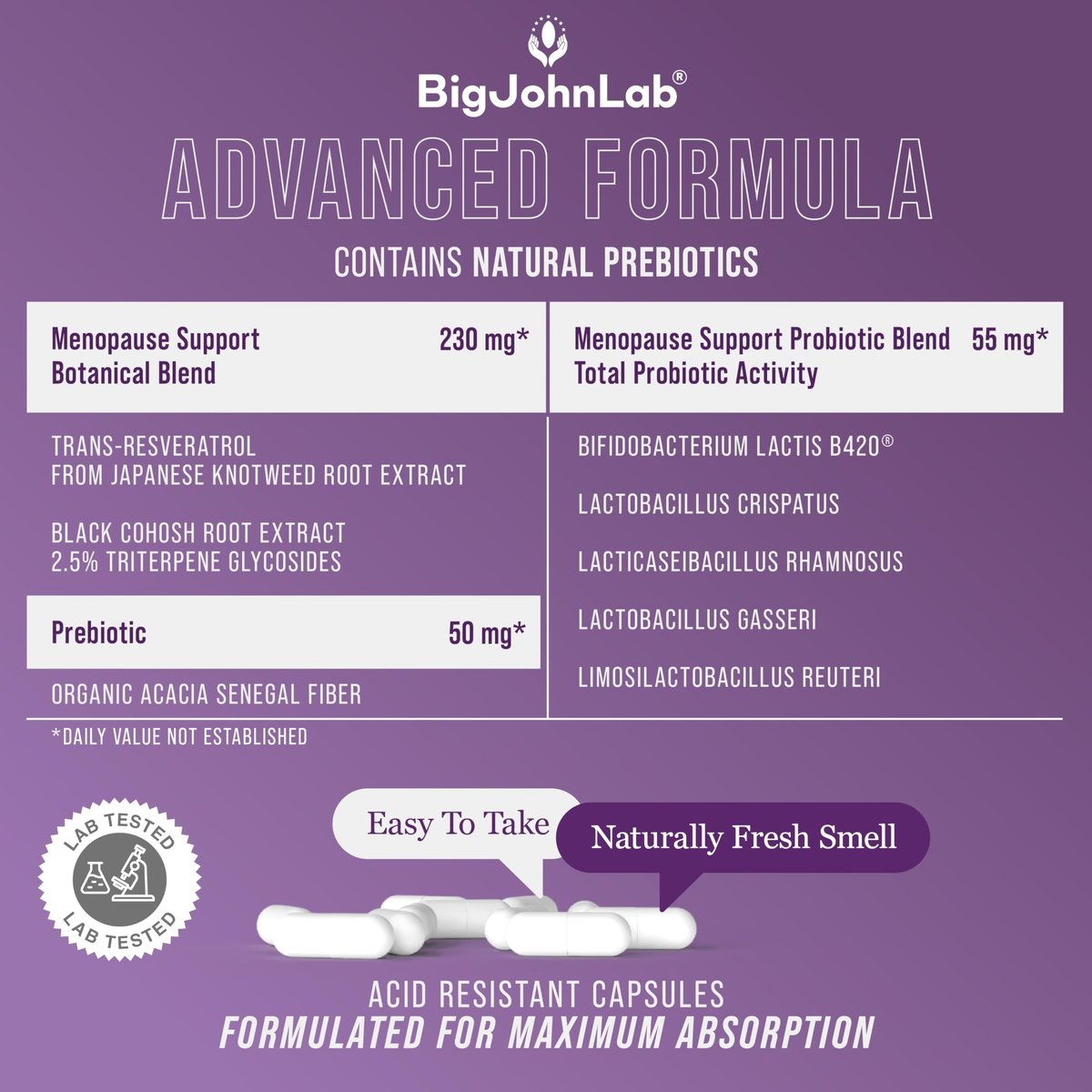 BIGJOHNLAB® Menopause Total Support – Fortgeschrittene probiotische Formel mit 5 Stämmen & 15 Milliarden KBE, Resveratrol, Traubensilberkerze, Akazienfaser, Nicht-GVO & 100% vegetarisch
