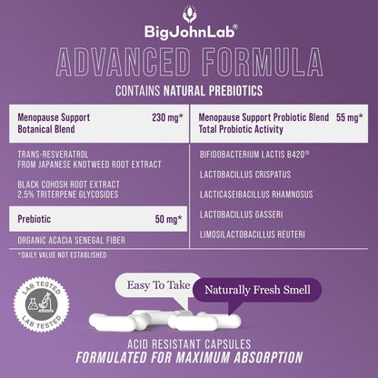 BIGJOHNLAB® Menopause Total Support – Fortgeschrittene probiotische Formel mit 5 Stämmen & 15 Milliarden KBE, Resveratrol, Traubensilberkerze, Akazienfaser, Nicht-GVO & 100% vegetarisch