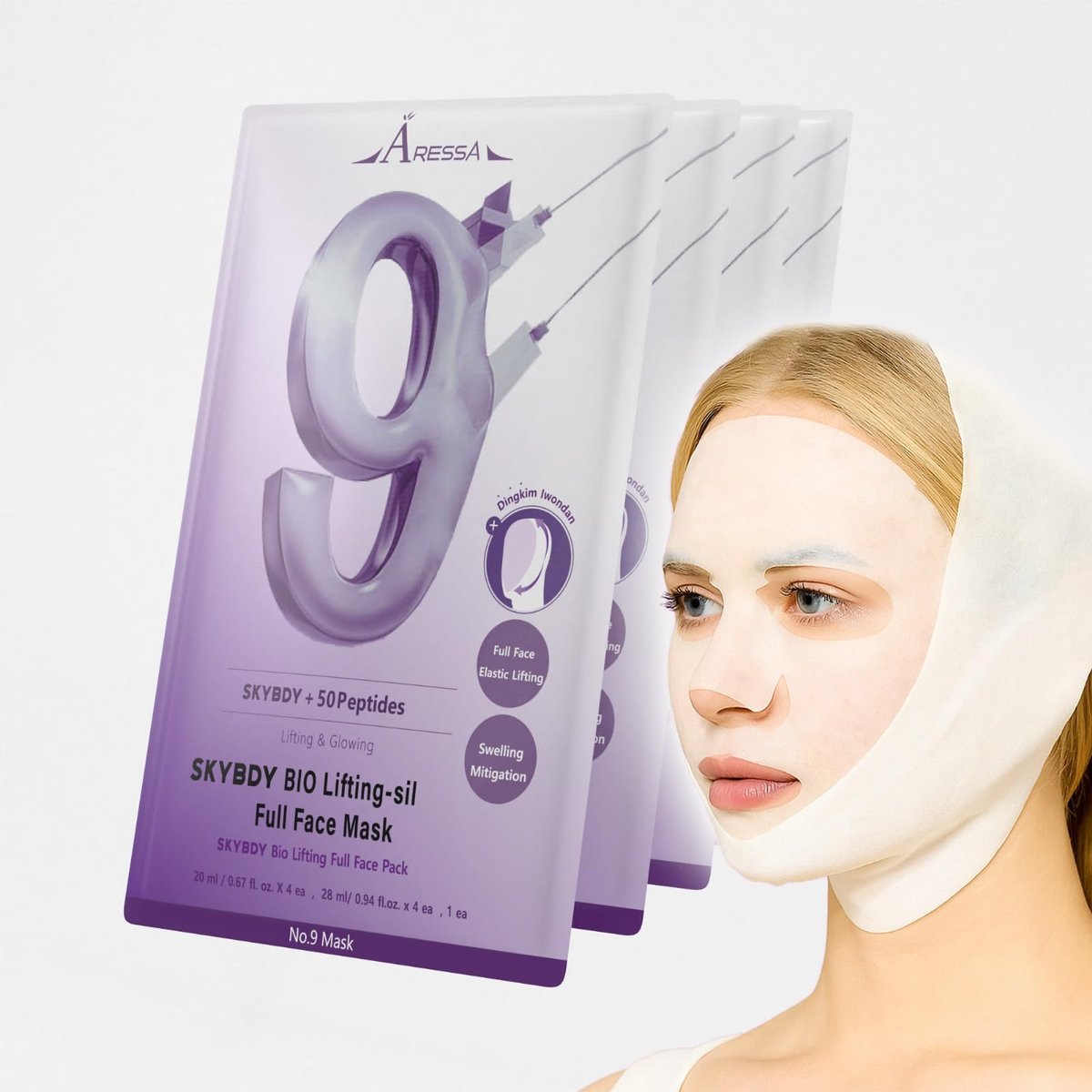 ARESSA SKYBDY BIO Lifting-Sil Full Face Mask – NAD+, NMN, Kollagen & Peptide für straffe Gesichtskonturen & Hals – 4 Blätter + Bonus Lifting-Band