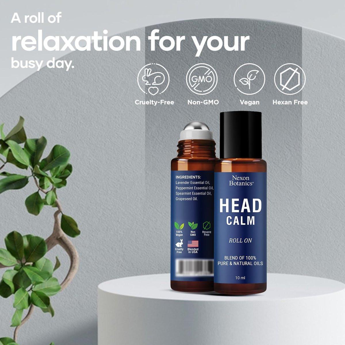 Head Calm Essential Oil Roll-On 10 ml – Beruhigende Mischung aus reinen & natürlichen ätherischen Ölen – Rollerball für Migräne & Kopfschmerzlinderung – Nexon Botanics