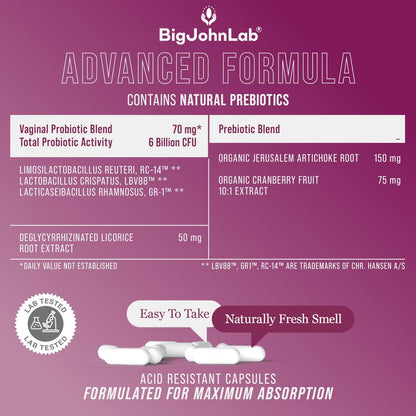BIGJOHNLAB® – Frauen Vaginale Probiotika – pH-Balance, Geruchskontrolle, Hefe, Mikrobiom & Frauengesundheit – 6B KBE, Süßholzwurzel – klinisch getestet für Frische & Balance – 30 Kapseln