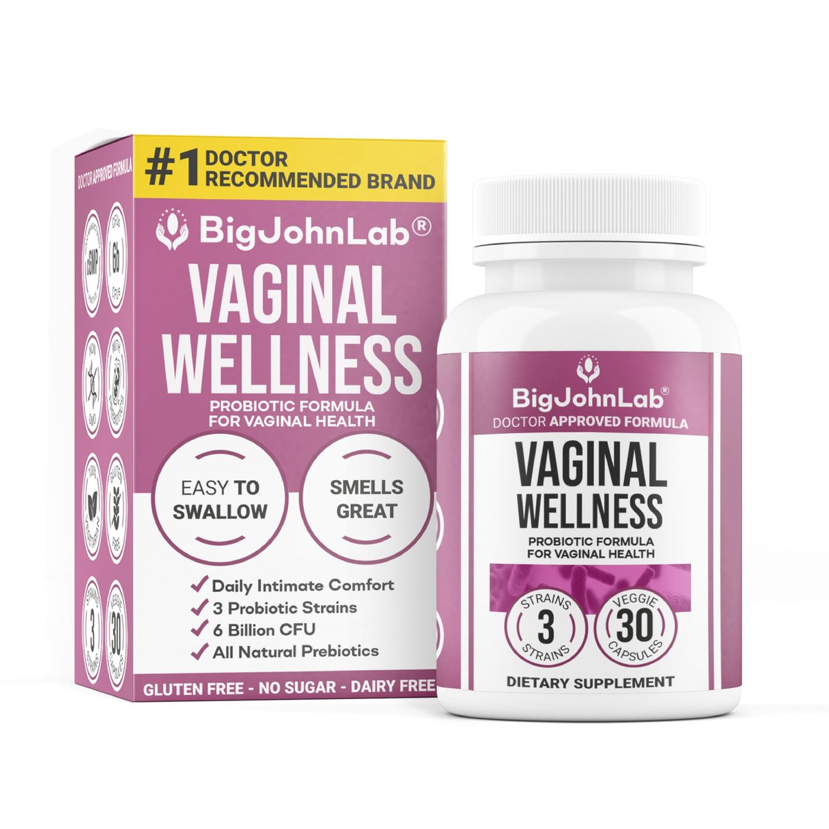 BIGJOHNLAB® – Frauen Vaginale Probiotika – pH-Balance, Geruchskontrolle, Hefe, Mikrobiom & Frauengesundheit – 6B KBE, Süßholzwurzel – klinisch getestet für Frische & Balance – 30 Kapseln