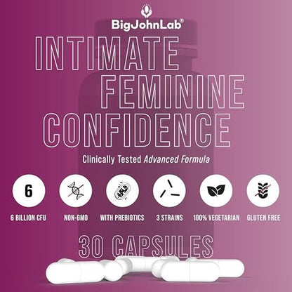 BIGJOHNLAB® – Frauen Vaginale Probiotika – pH-Balance, Geruchskontrolle, Hefe, Mikrobiom & Frauengesundheit – 6B KBE, Süßholzwurzel – klinisch getestet für Frische & Balance – 30 Kapseln