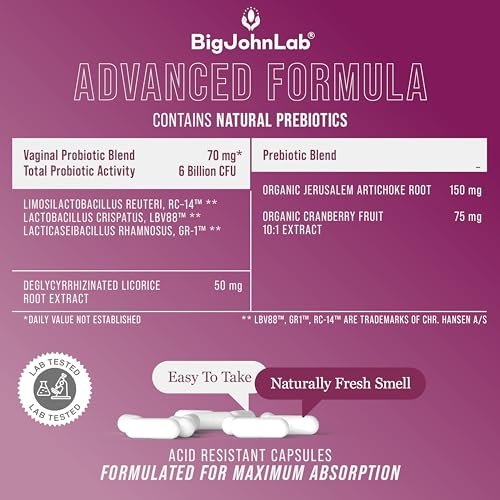 BIGJOHNLAB® – Frauen Vaginale Probiotika – pH-Balance, Geruchskontrolle, Hefe, Mikrobiom & Frauengesundheit – 6B KBE, Süßholzwurzel – klinisch getestet für Frische & Balance – 30 Kapseln
