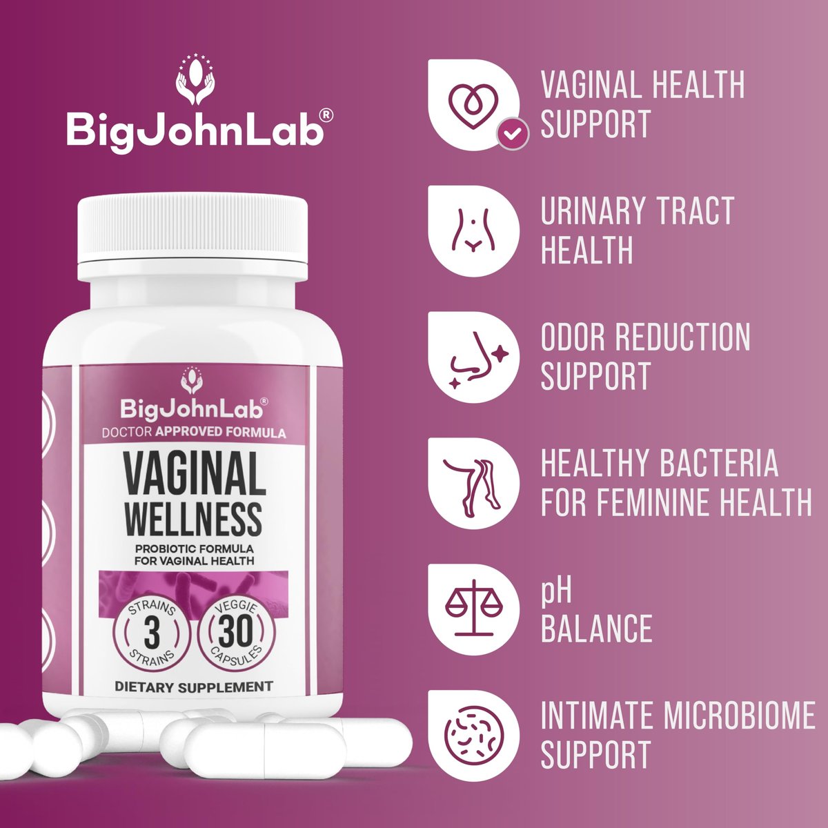 BIGJOHNLAB® – Frauen Vaginale Probiotika – pH-Balance, Geruchskontrolle, Hefe, Mikrobiom & Frauengesundheit – 6B KBE, Süßholzwurzel – klinisch getestet für Frische & Balance – 30 Kapseln