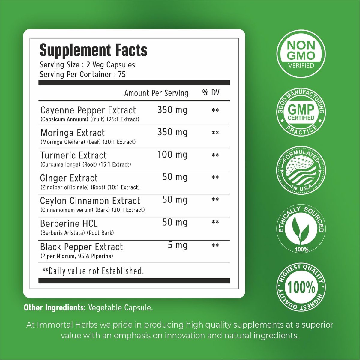 Immortal Herbs Cayenne Pfeffer Moringa Kurkuma Ingwer Kapseln, 150 Stück, Extra Stärke, Non-GMO & Glutenfrei, Reines Berberin HCL und Ceylon Zimt Extrakt Pulver